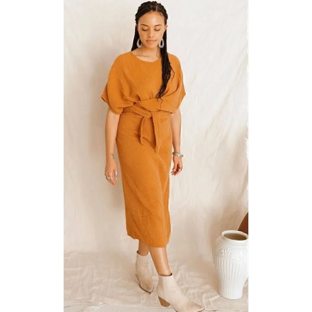 NWT Suunday The Dolman Sleeve Wrap Dress Cotton Gauze Meerkat Mustard Small